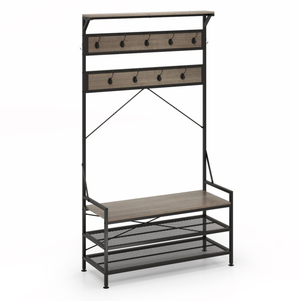 Grey-Black Metal Hall Tree 4-in-1 Coat Rack Bench with Storage Shelf